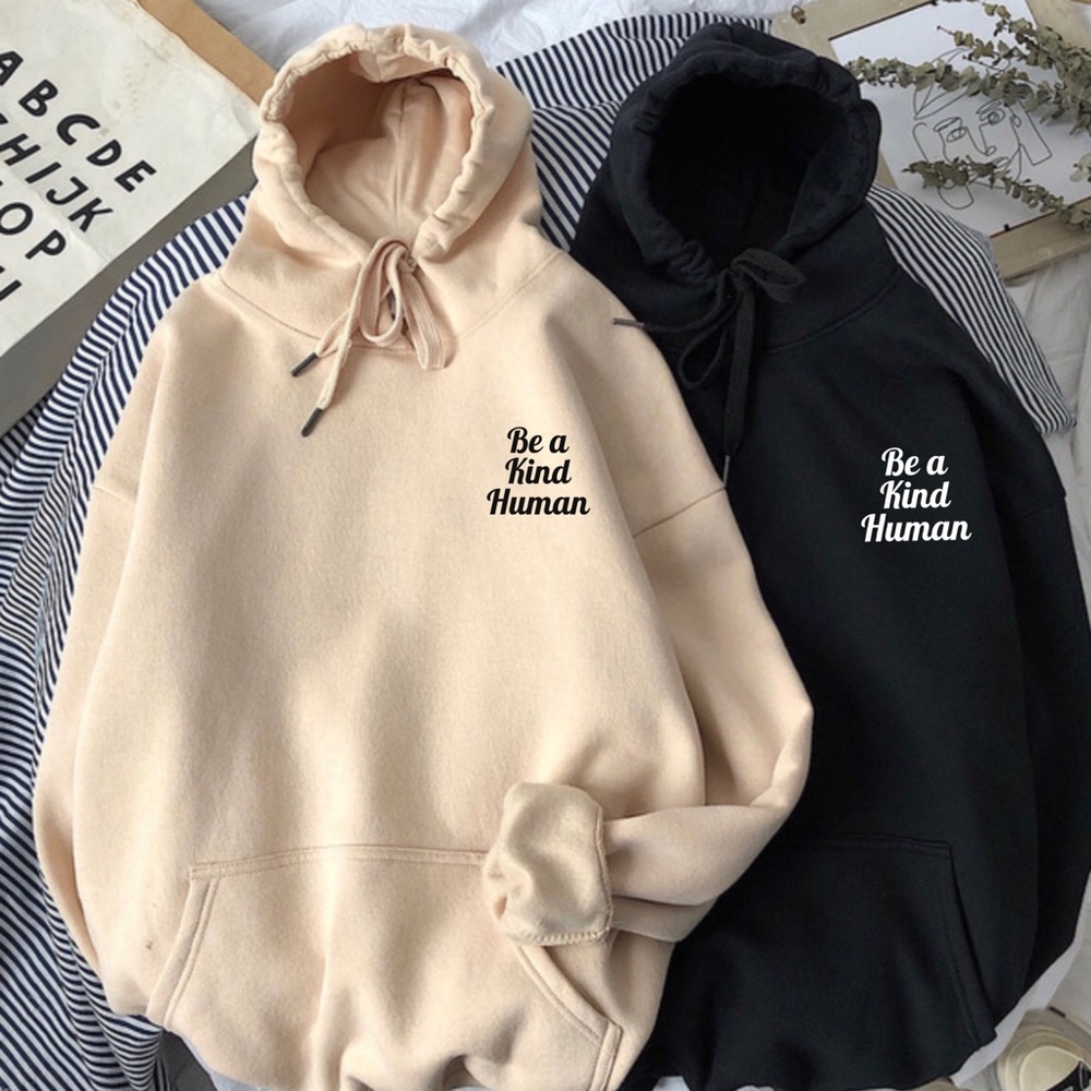 NEW Oversized Hoodies Be a kind human Tan Black - Picture 1 of 4